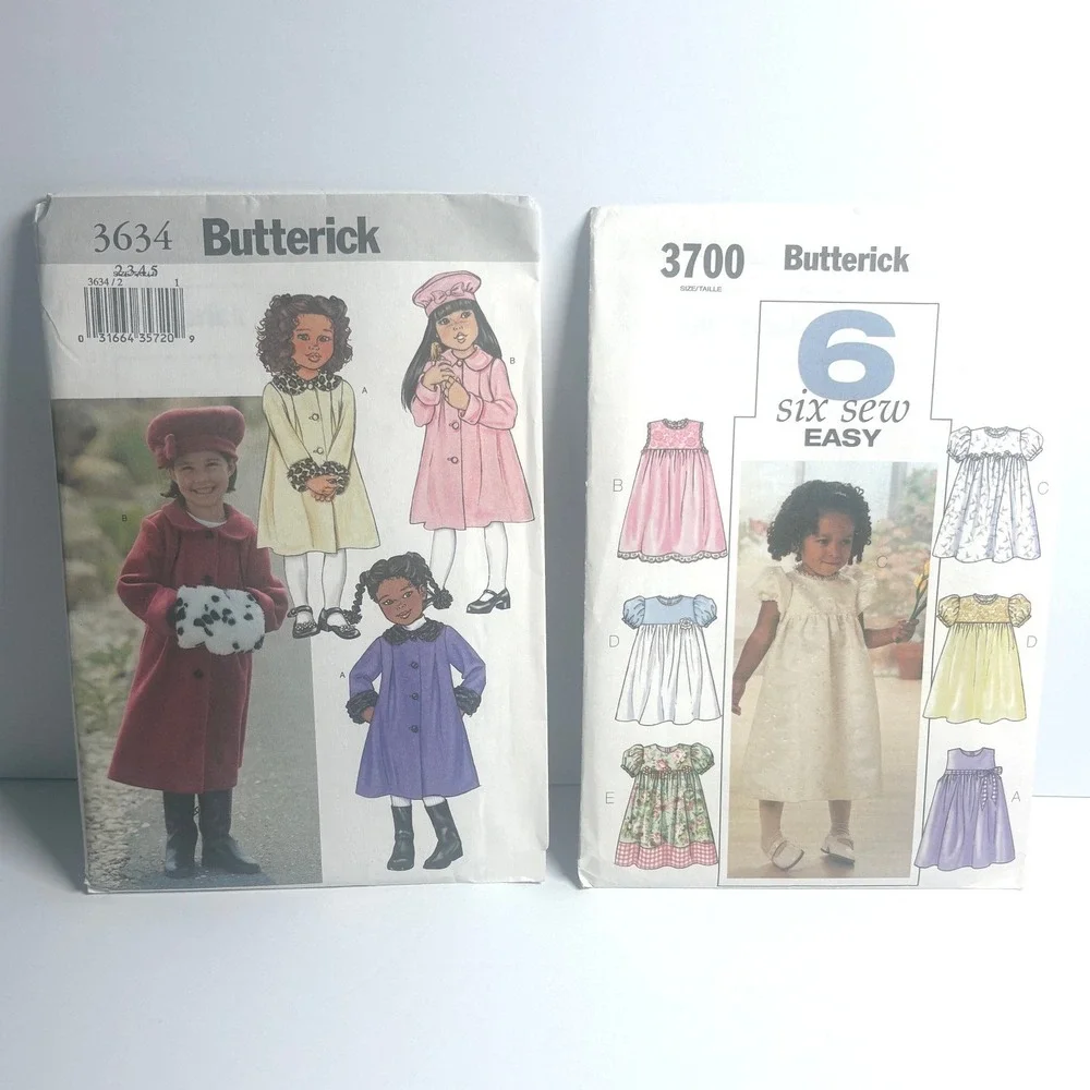 Butterick Sewing Patterns 3634 3700 Girls Coat Hat Muff Toddlers Dress Uncut